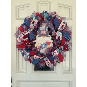 Patriotic Gnome USA America Mesh Ribbon Wreath, Red White Boom Door Hanger xxx